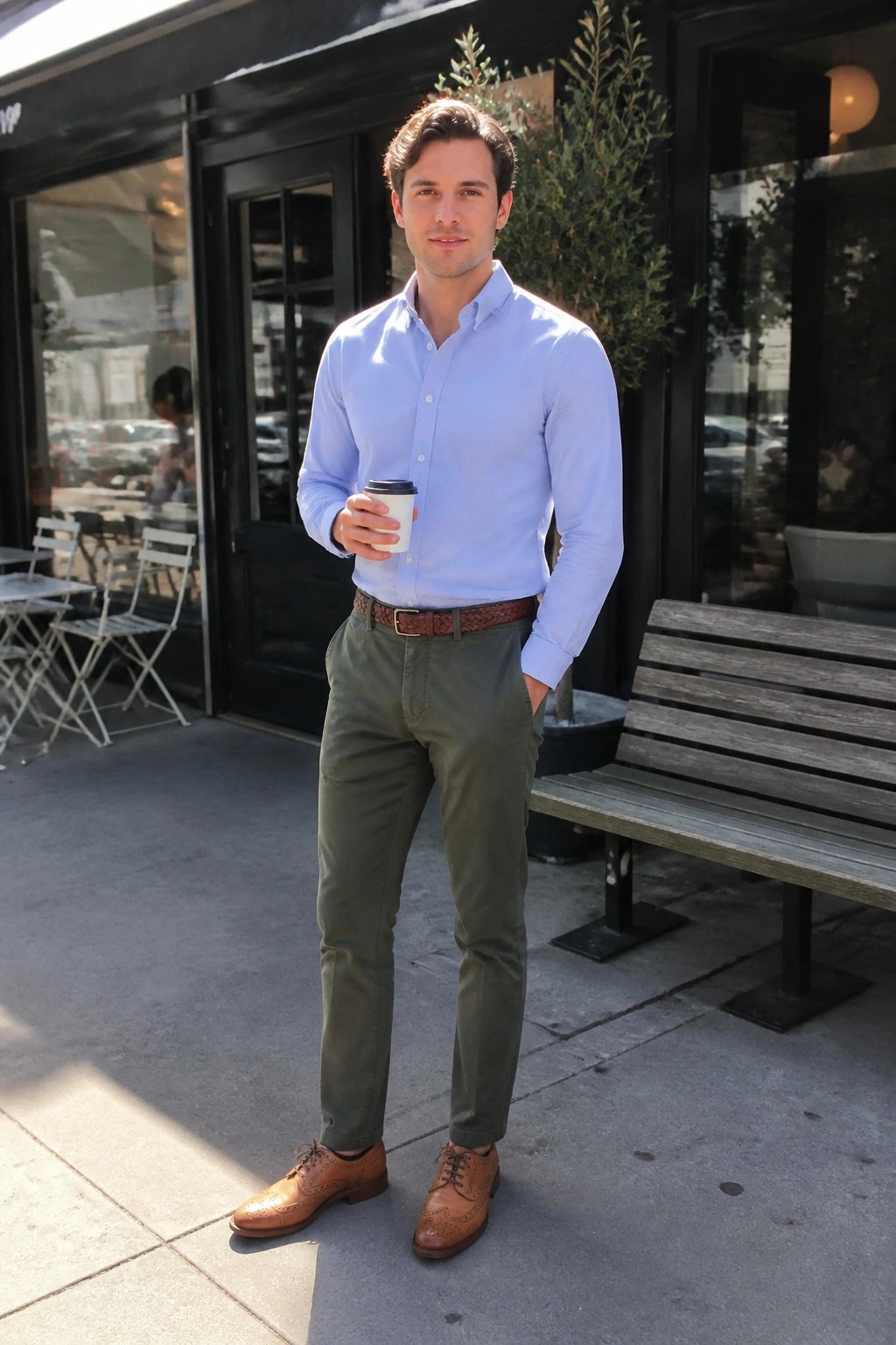 Man in light blue shirt and olive pants holding coffee outside cafe