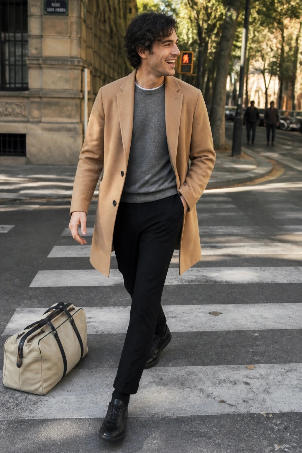 Man crossing street in black straight fit dress pants, gray crewneck sweater, tan overcoat, and black leather shoes with a canvas duffel bag nearby.