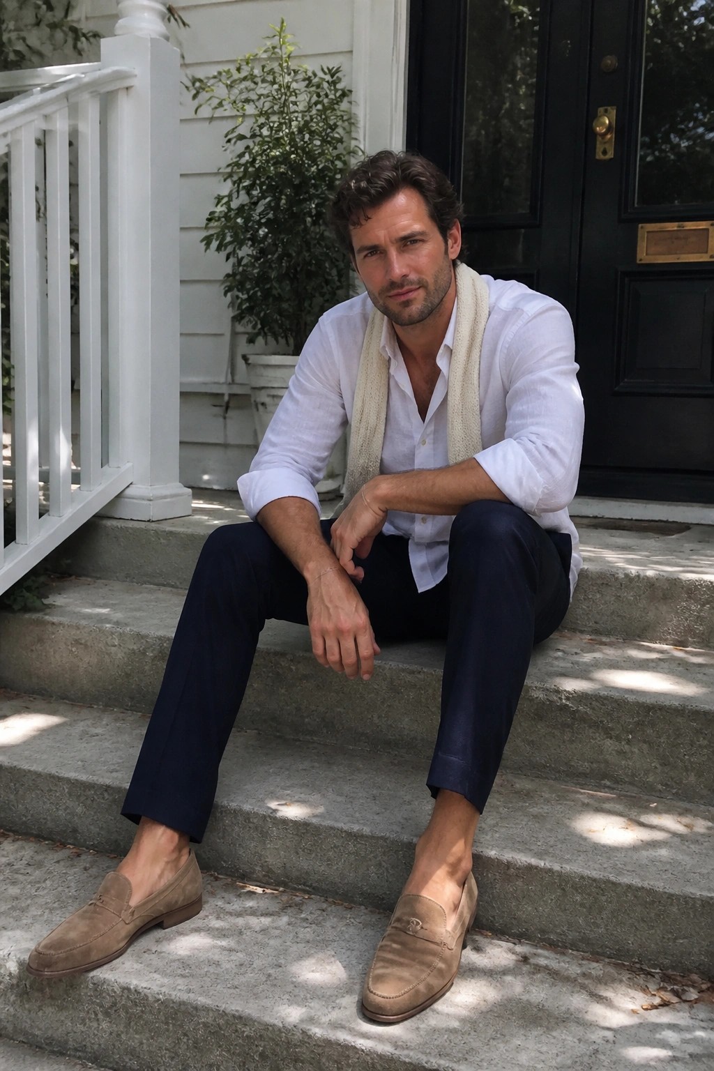 Man in white shirt with beige sweater on shoulders seated on stone steps