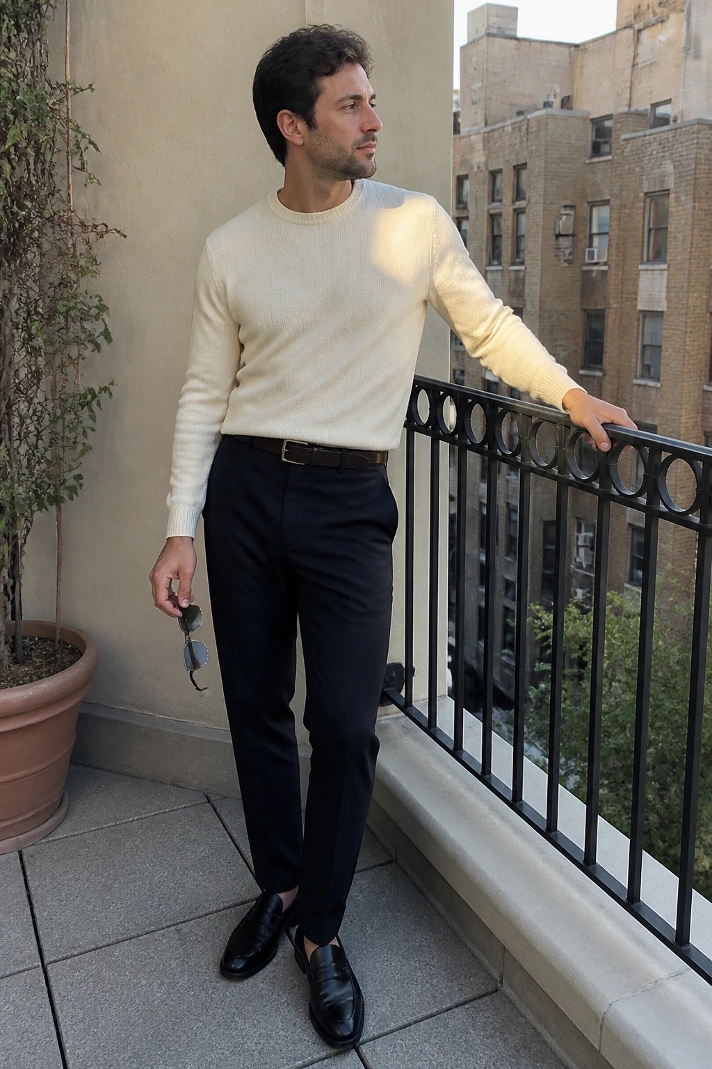 Man in cream sweater and dark pants leaning on balcony railing holding sunglasses