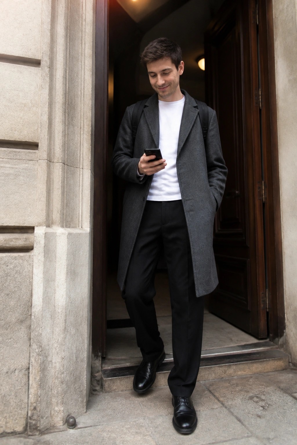 A man wearing black straight fit dress pants with a white t-shirt under a long gray overcoat and black dress shoes while holding a phone in a doorway.