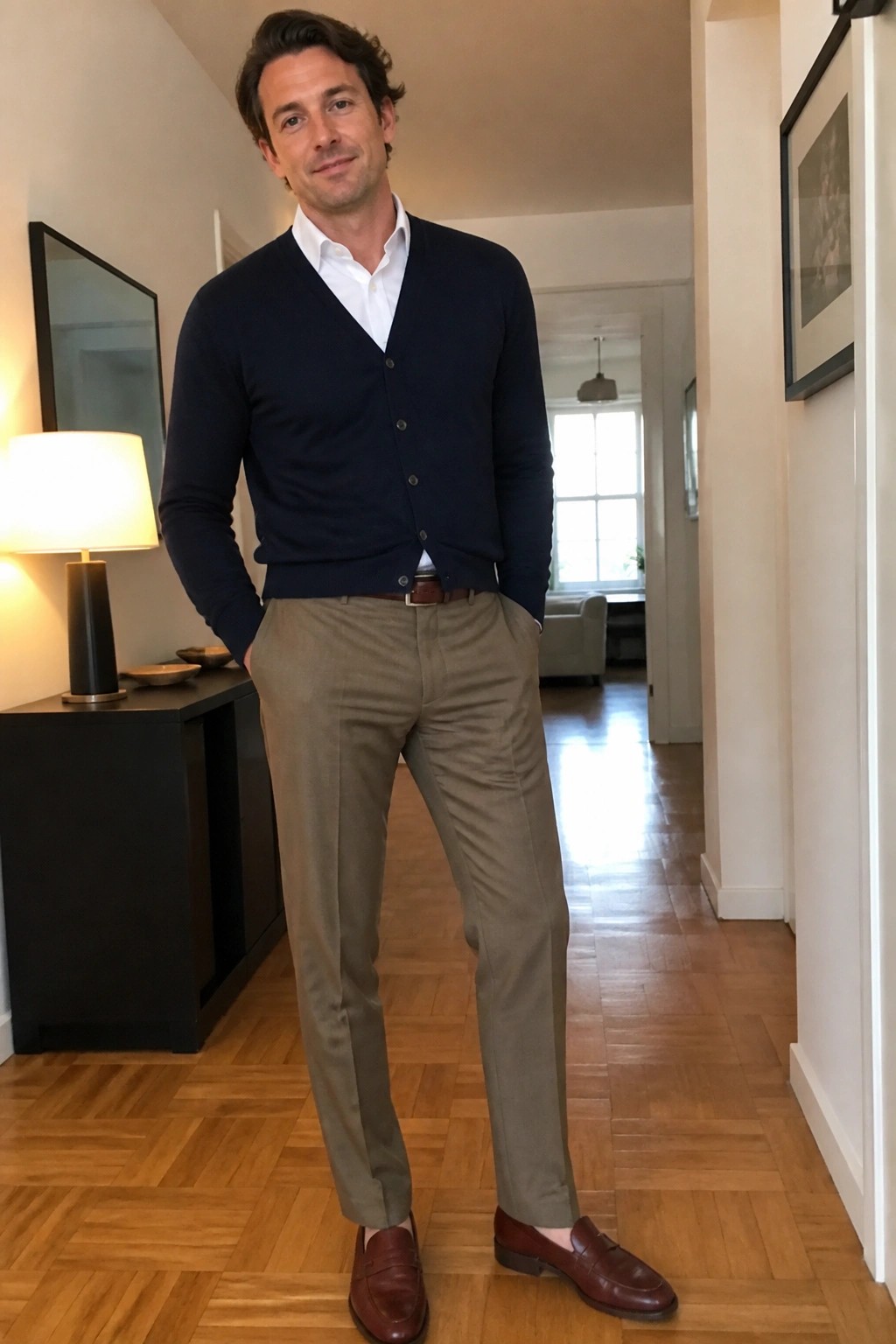 Man in navy cardigan, white shirt, khaki pants, and brown loafers indoors