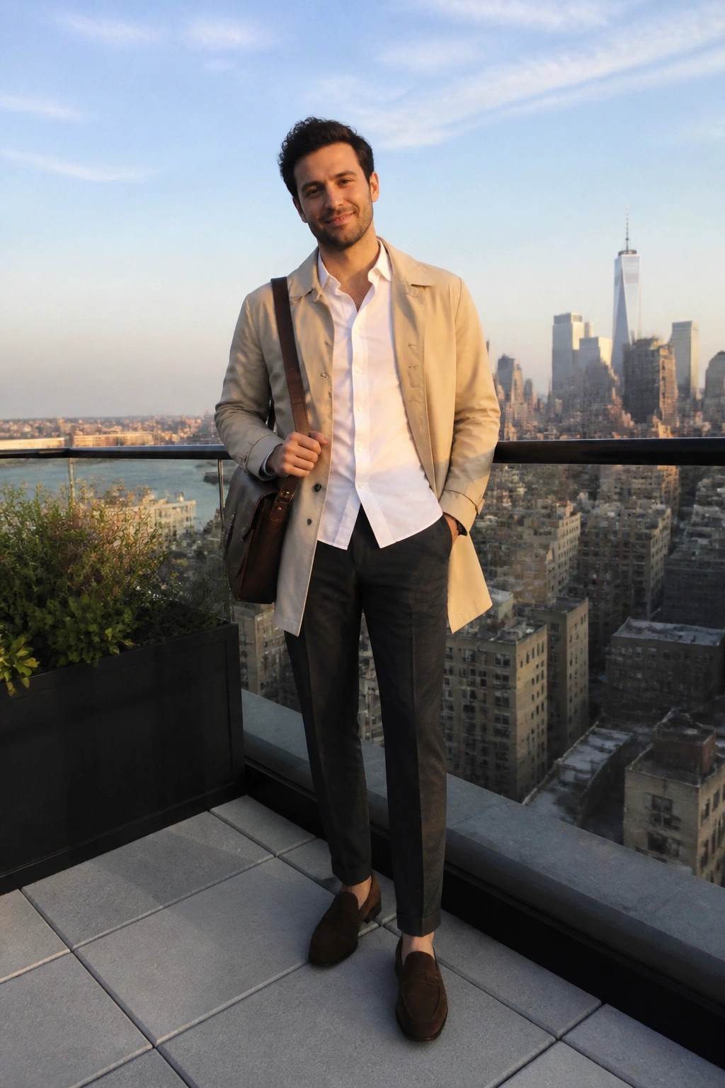 Man in beige coat and white shirt on NYC rooftop with skyline view