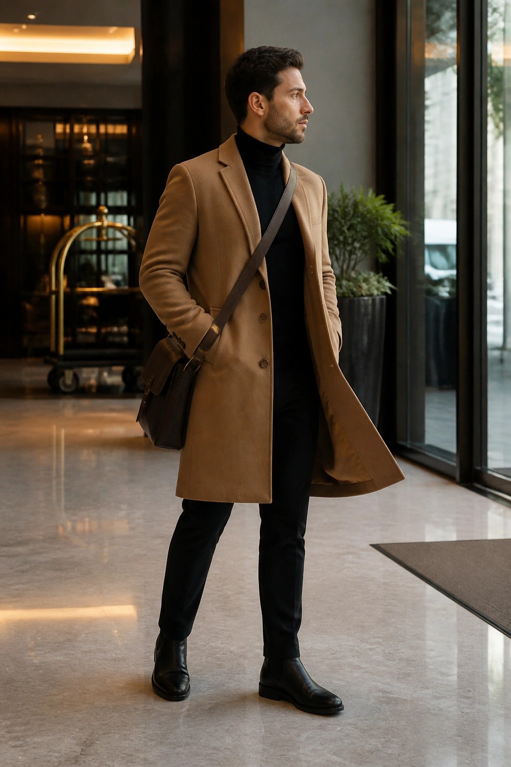 Man in camel overcoat and black turtleneck with leather bag in modern lobby.