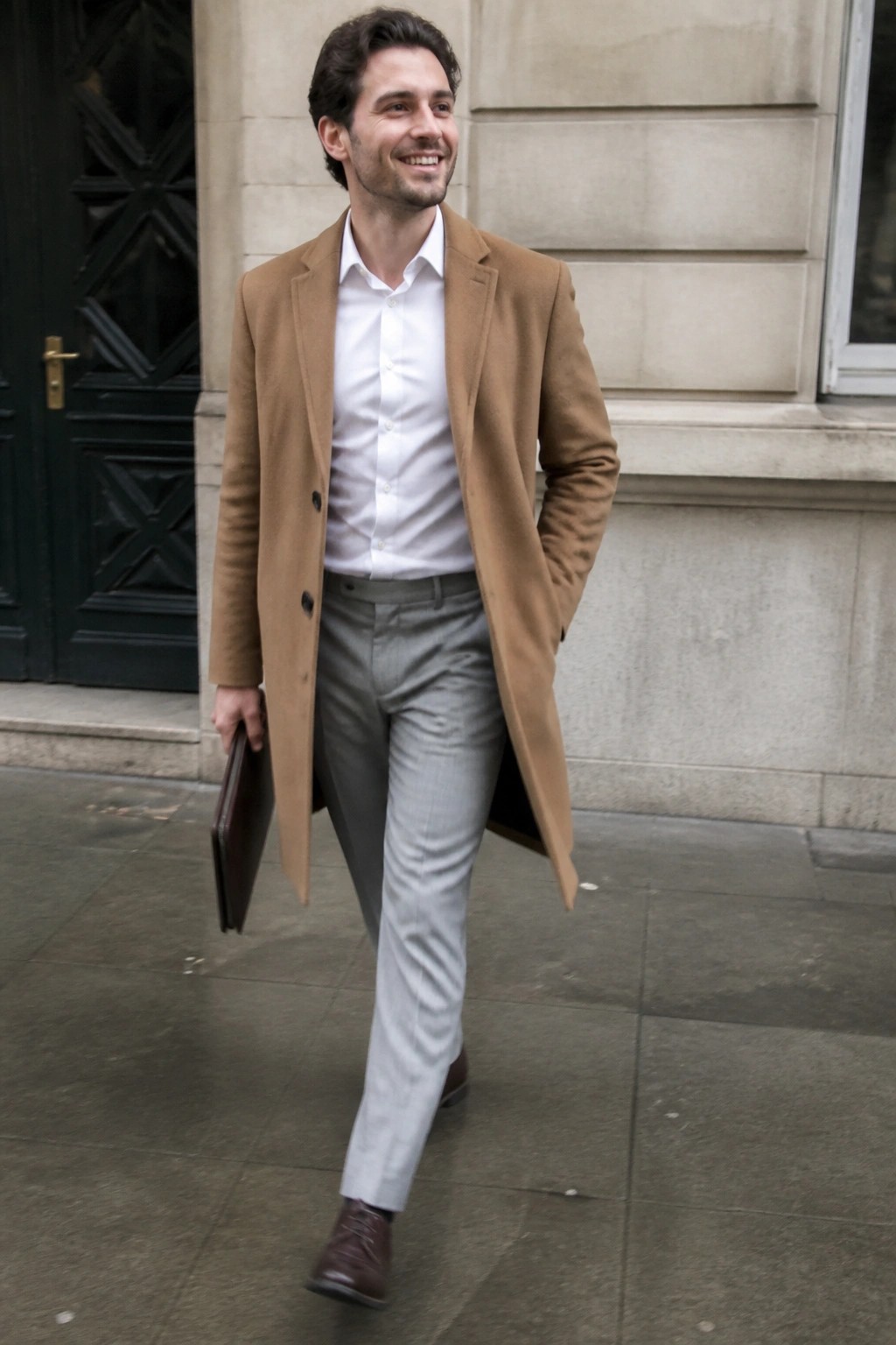 Man in tan overcoat over white shirt and gray pants holding leather portfolio while walking