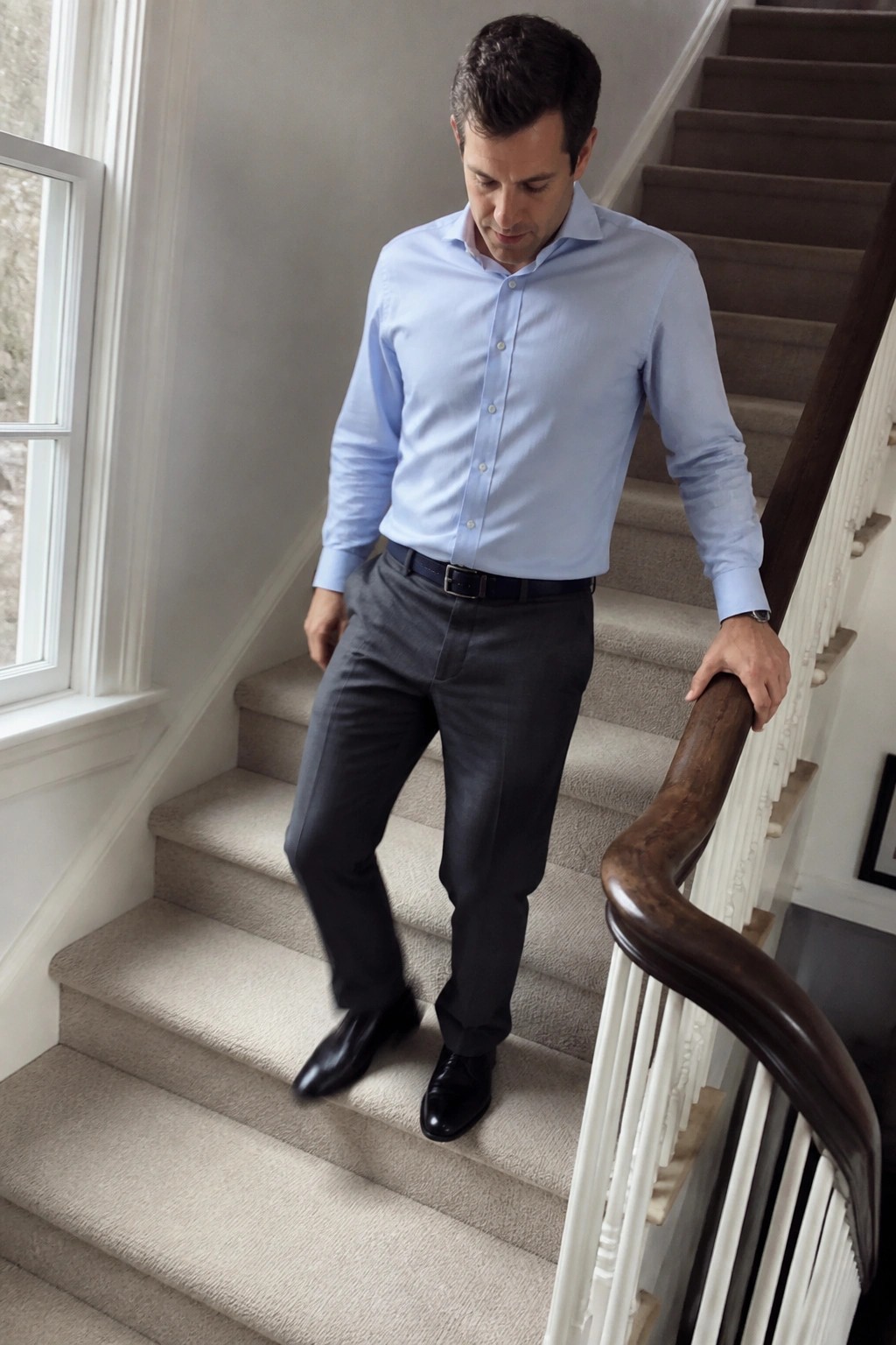 Man in blue shirt and gray pants on carpeted staircase holding wooden railing