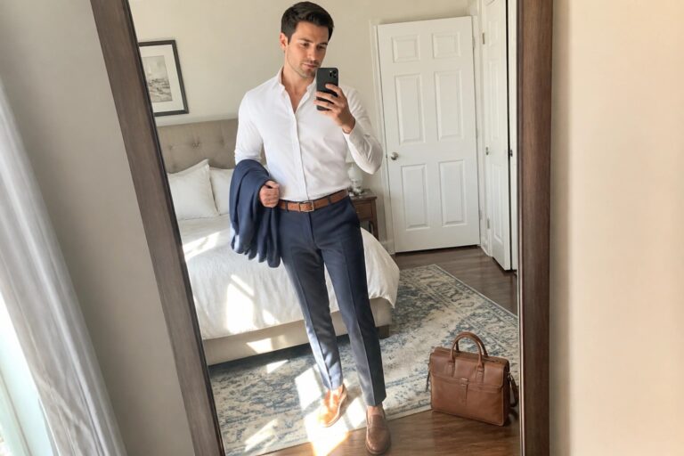 Man in white shirt and navy trousers taking bedroom mirror selfie while holding blazer
