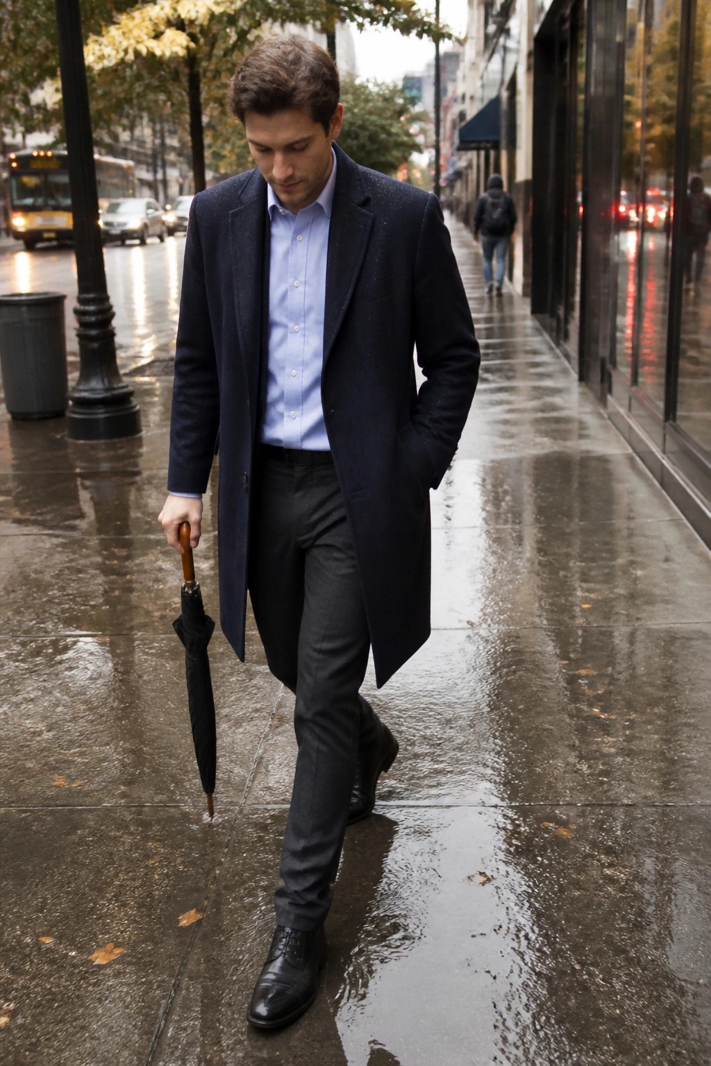 Man wearing light blue button down shirt under long navy overcoat with gray formal trousers and black dress shoes while holding a closed umbrella on wet pavement