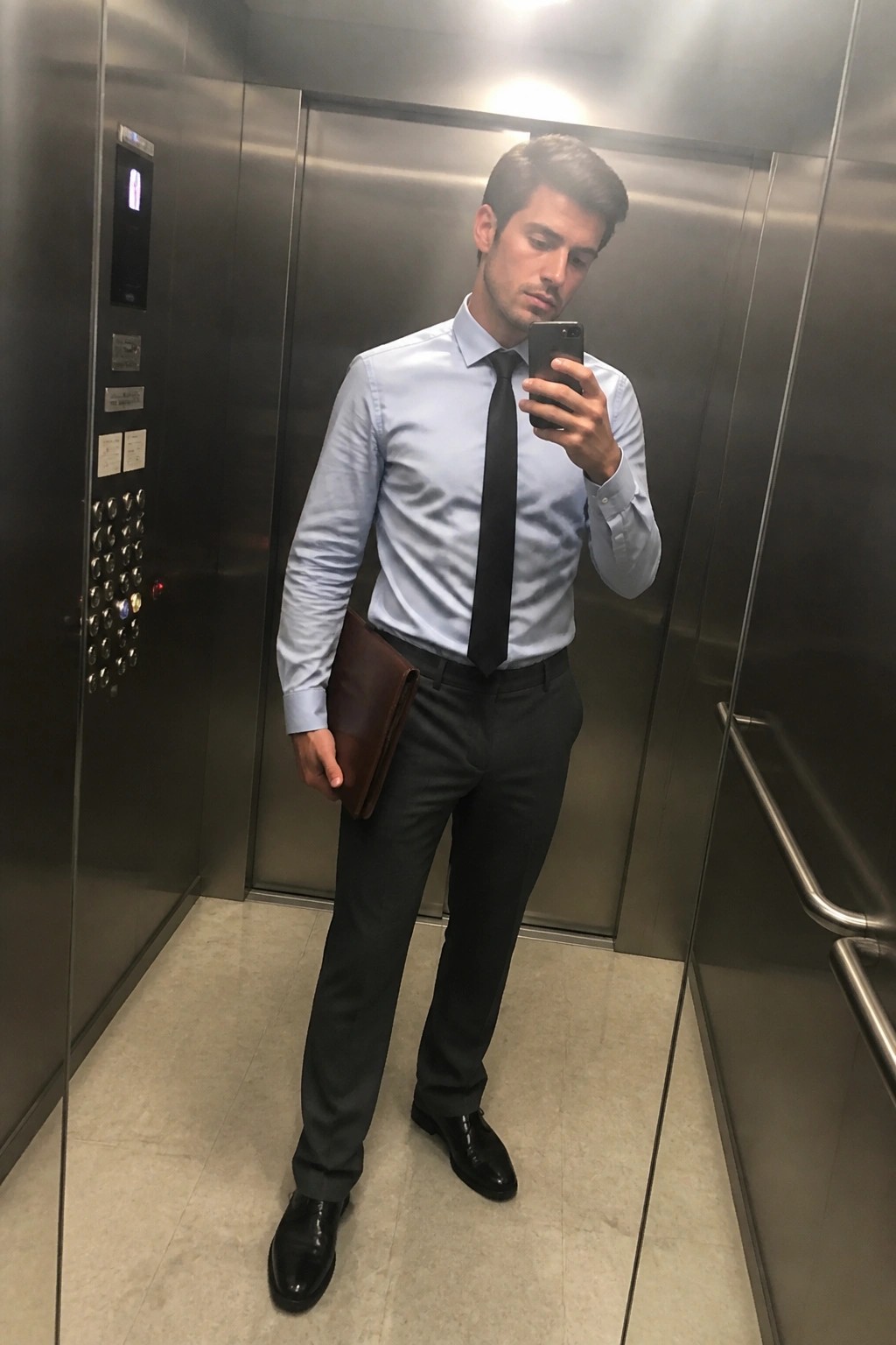 Man in light blue shirt and black tie holding phone and brown folder in elevator
