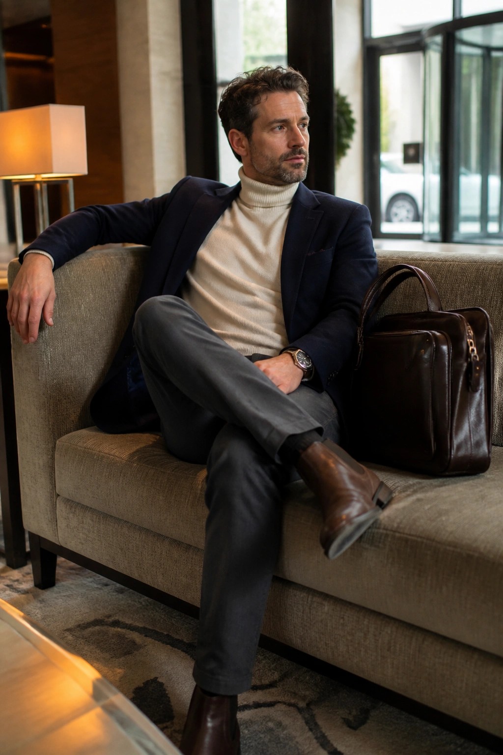 Man in navy blazer and cream turtleneck seated on beige couch with leather bag