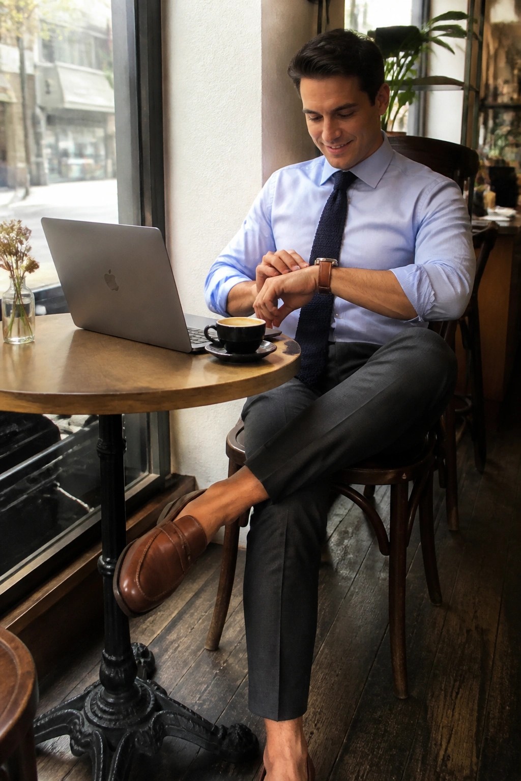 Man in blue shirt checks watch at cafe table with laptop and coffee