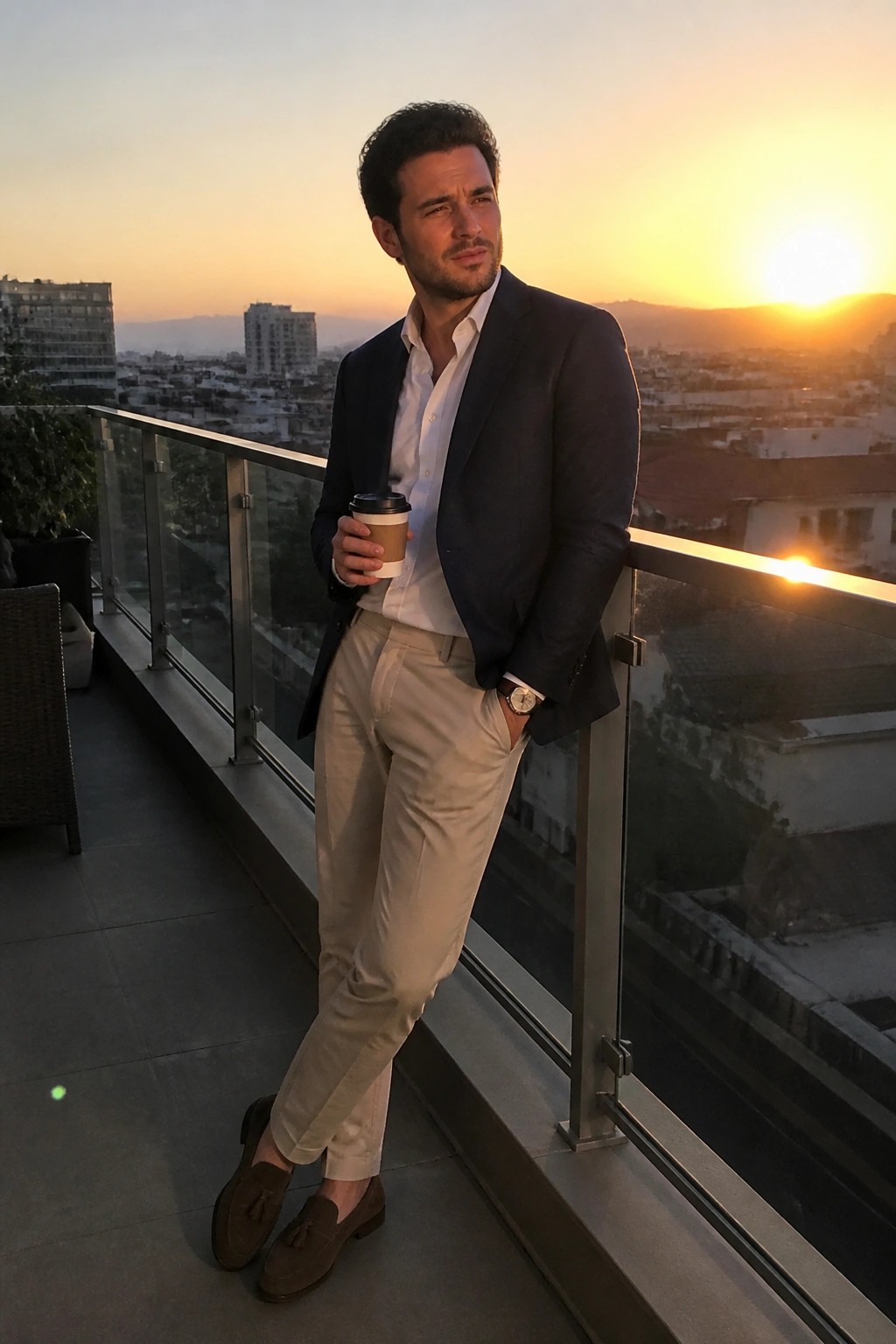 Man in navy blazer and beige pants holding coffee on sunset balcony.