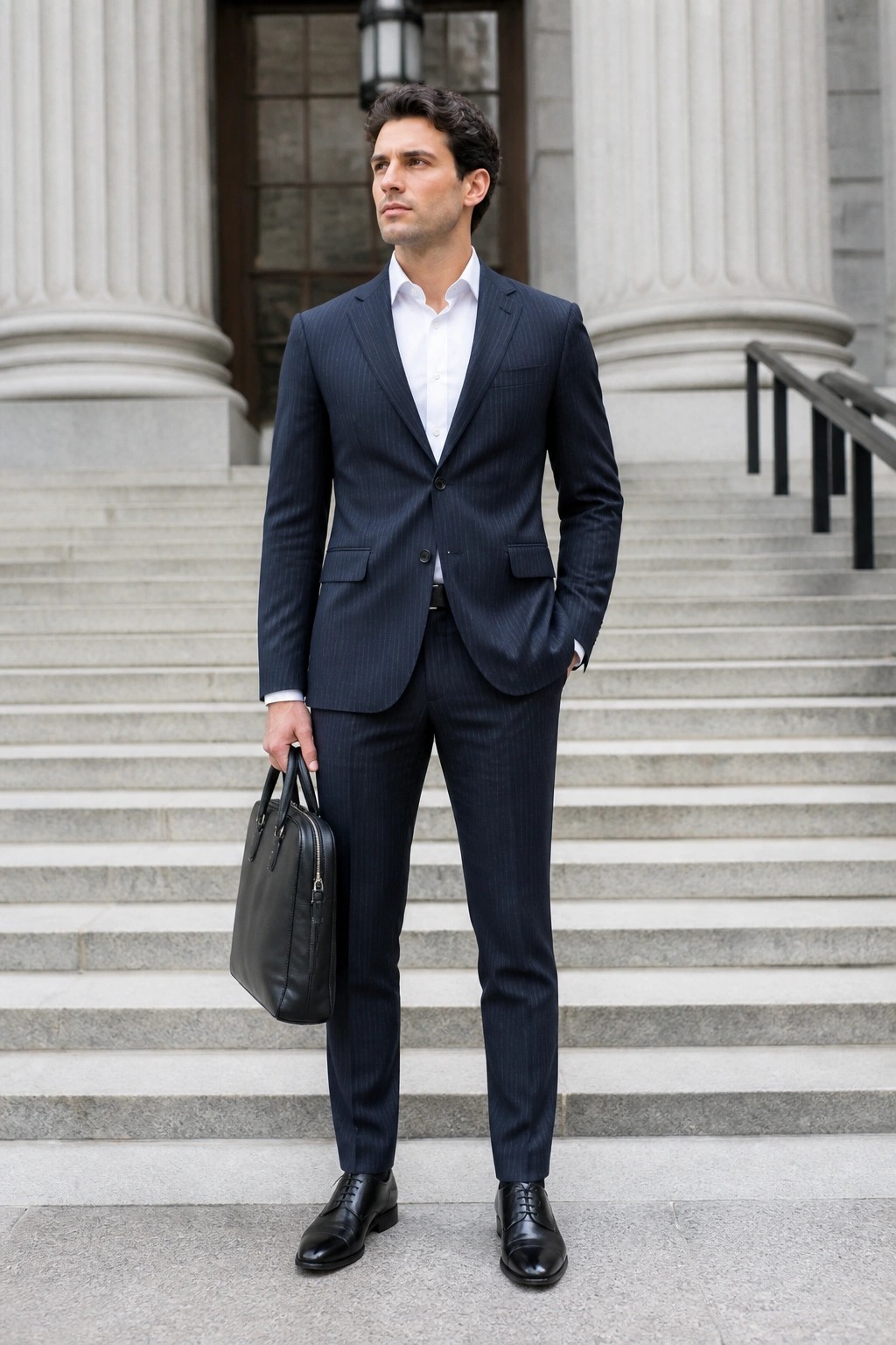 Man wearing navy pinstripe suit jacket and matching trousers with white dress shirt, black dress shoes, and black leather briefcase held at side while standing on stone steps.