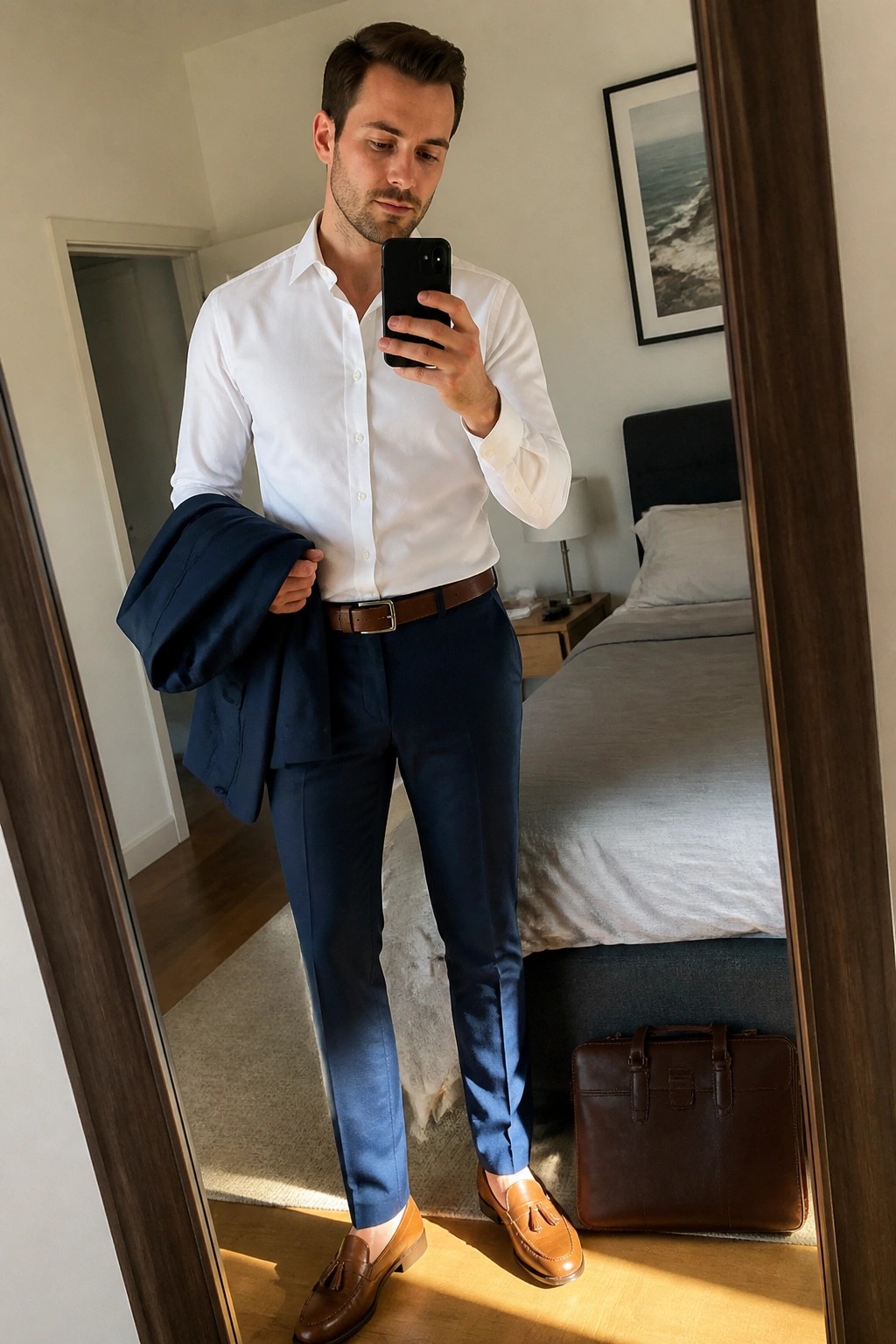 Man in white shirt and navy trousers taking bedroom mirror selfie while holding blazer