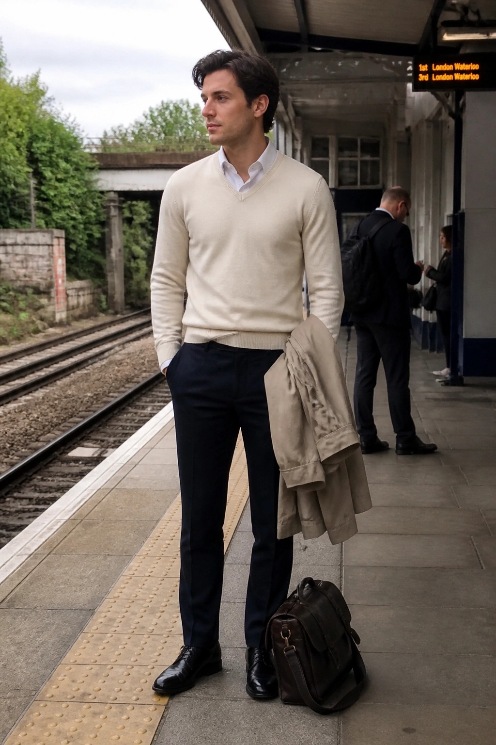 Man in cream sweater and navy pants holding beige coat on station platform