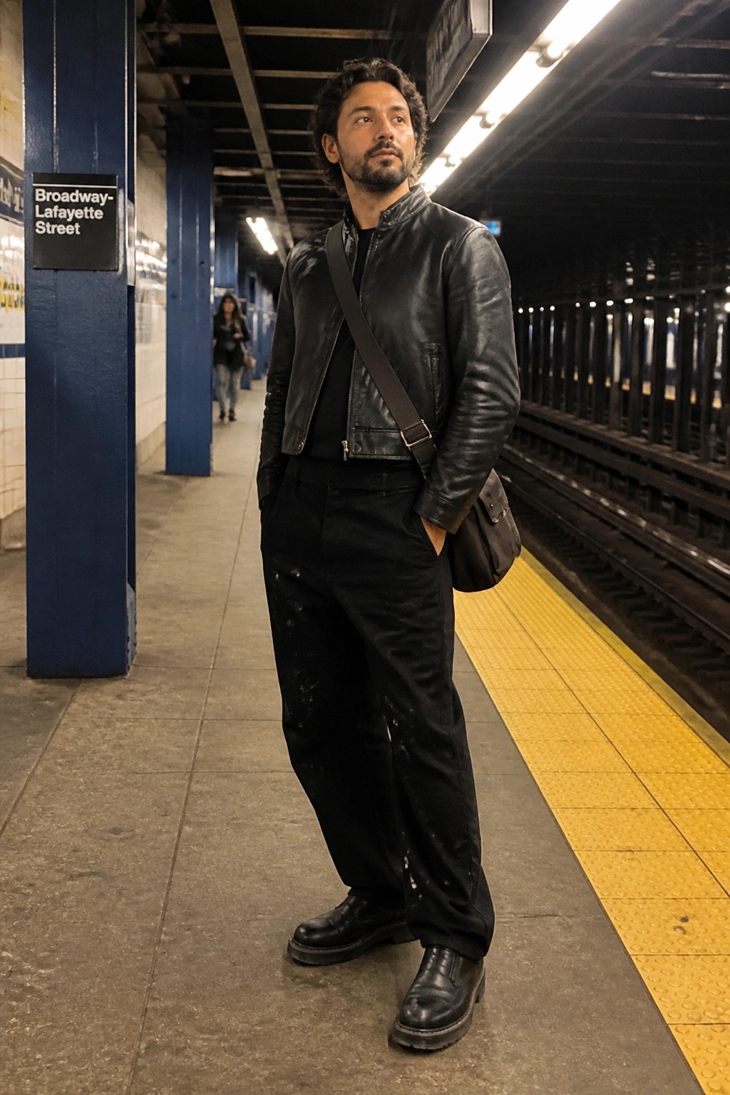 Man in black leather jacket with shoulder bag on subway platform.