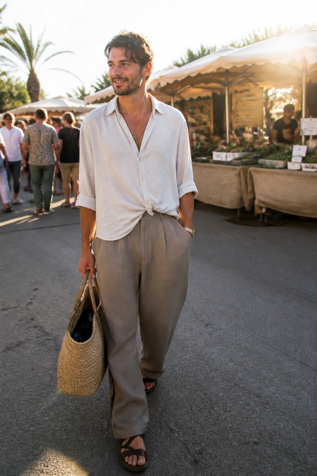 Man in white linen shirt and beige trousers carrying straw bag at sunny market