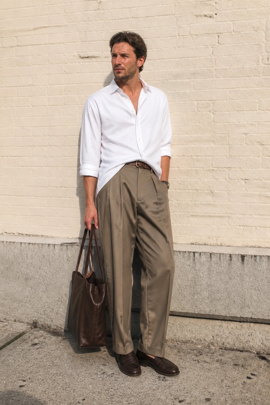 Man in white shirt and olive trousers holding brown leather tote by brick wall