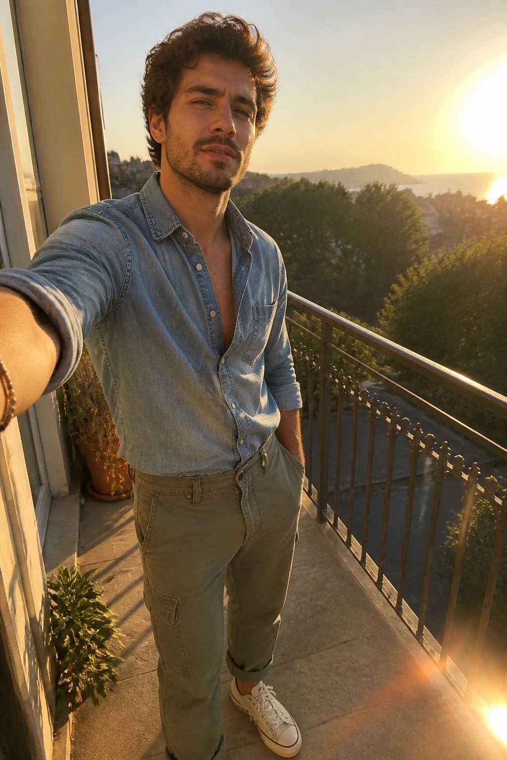 Man with curly hair in denim shirt and green pants on sunset balcony overlooking sea