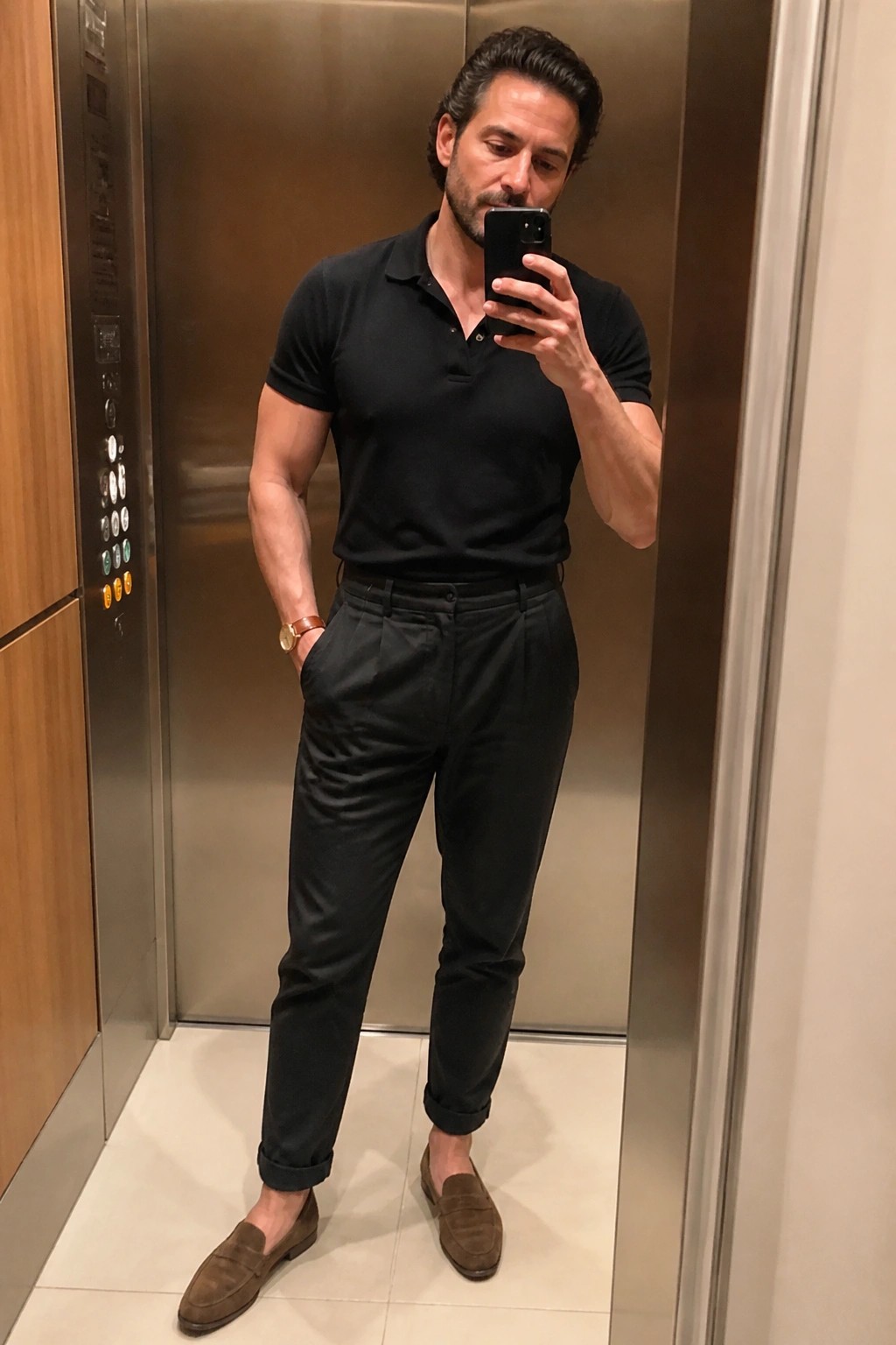 Man in black polo shirt and pants taking mirror selfie in elevator
