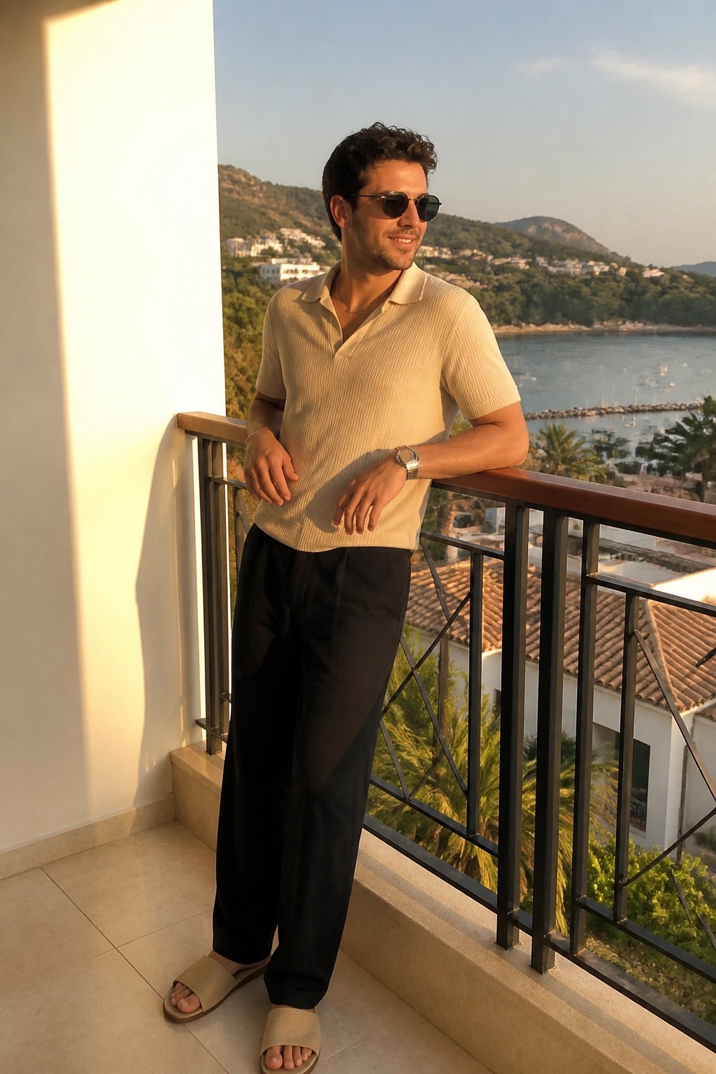 Man in beige polo shirt and black pants on balcony overlooking coastal bay