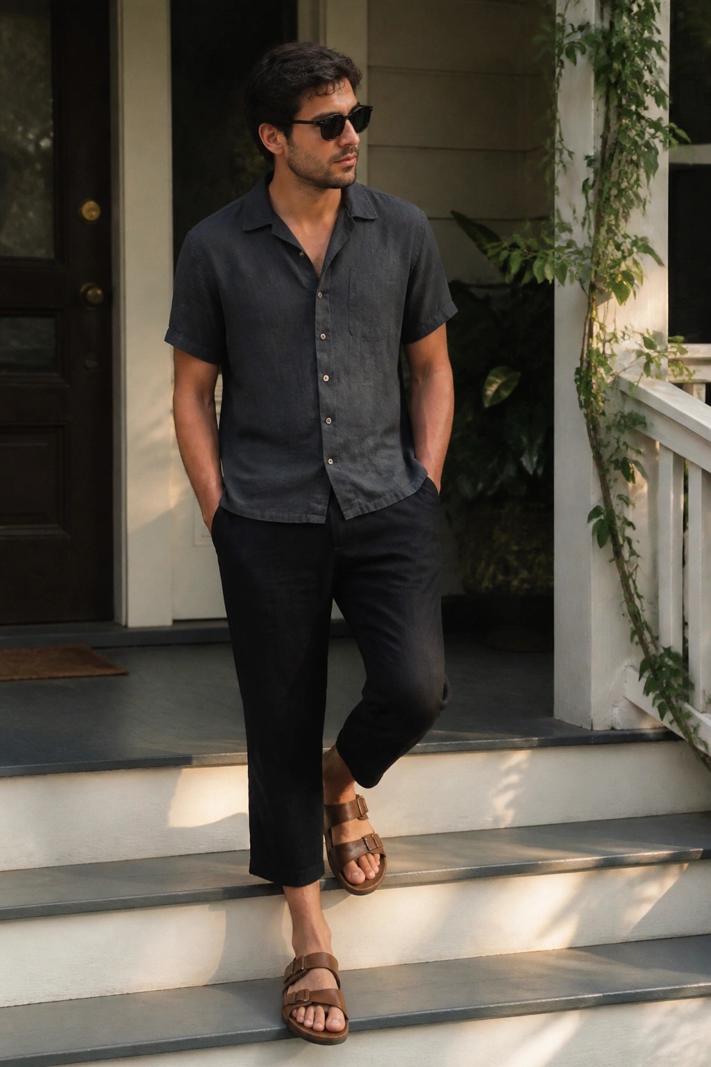 Man in dark gray shirt and black pants wearing brown sandals on porch steps