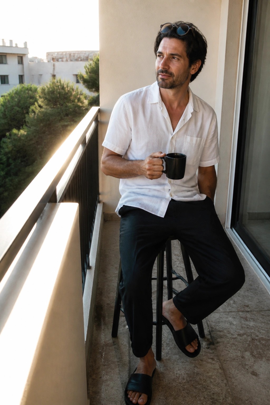 Man in white shirt holding black mug on sunny balcony stool