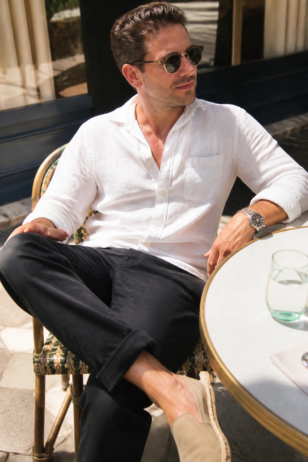 Man in white shirt and sunglasses seated at sunny outdoor cafe table