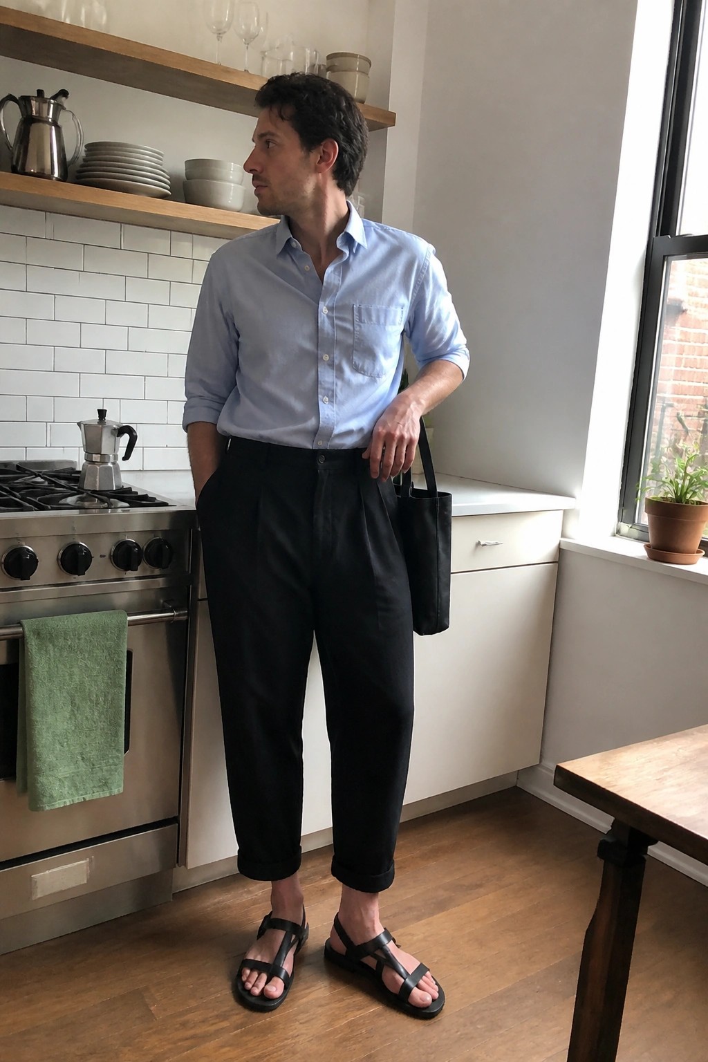 Man in light blue shirt and black pants holding tote bag in kitchen.