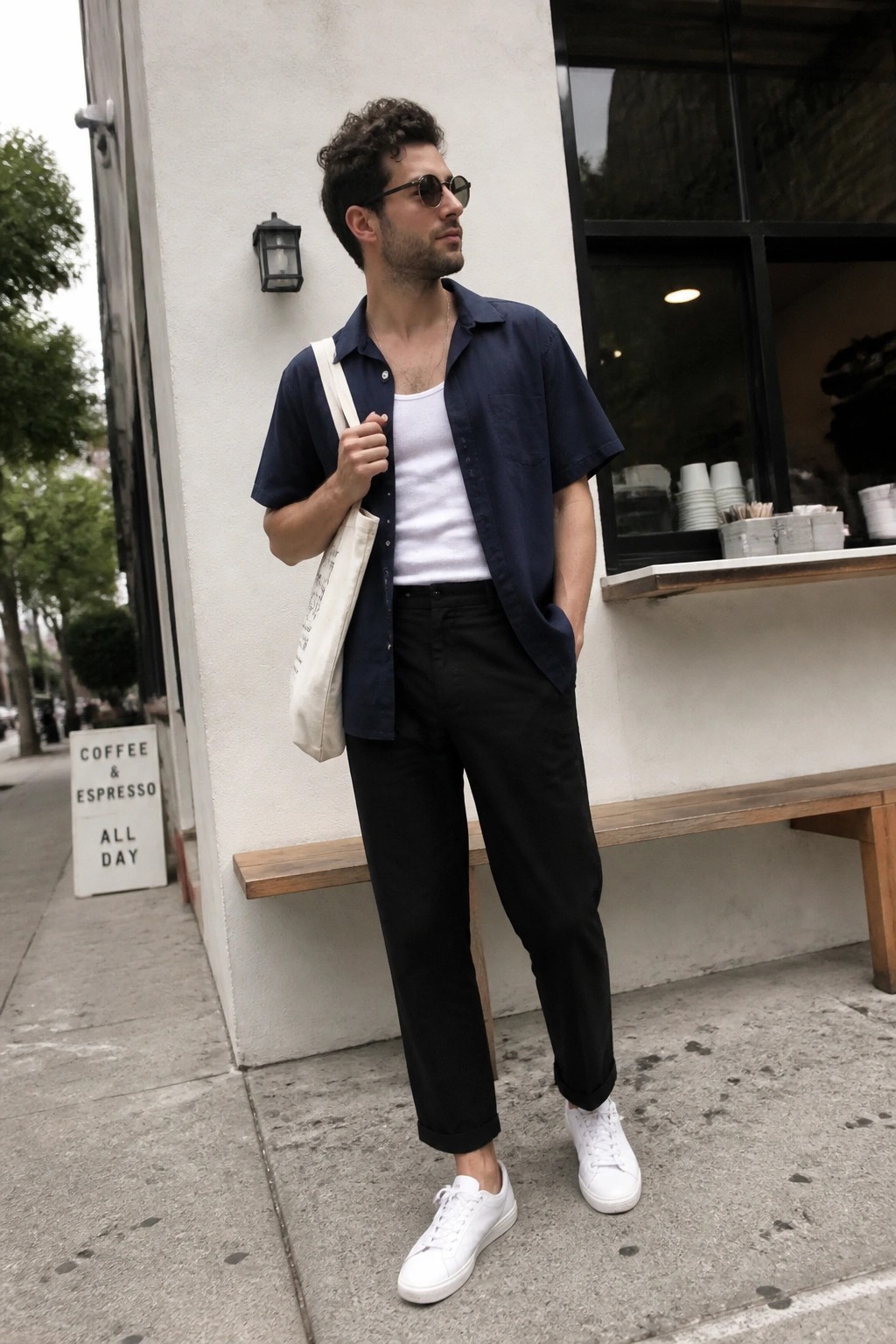 Man wearing black pants, navy short sleeve button up shirt over white tank top, white sneakers, and carrying a canvas tote bag while standing on a sidewalk.
