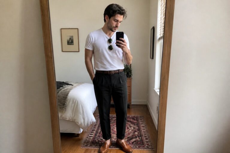 Man in white t-shirt and black pants taking mirror selfie in bedroom