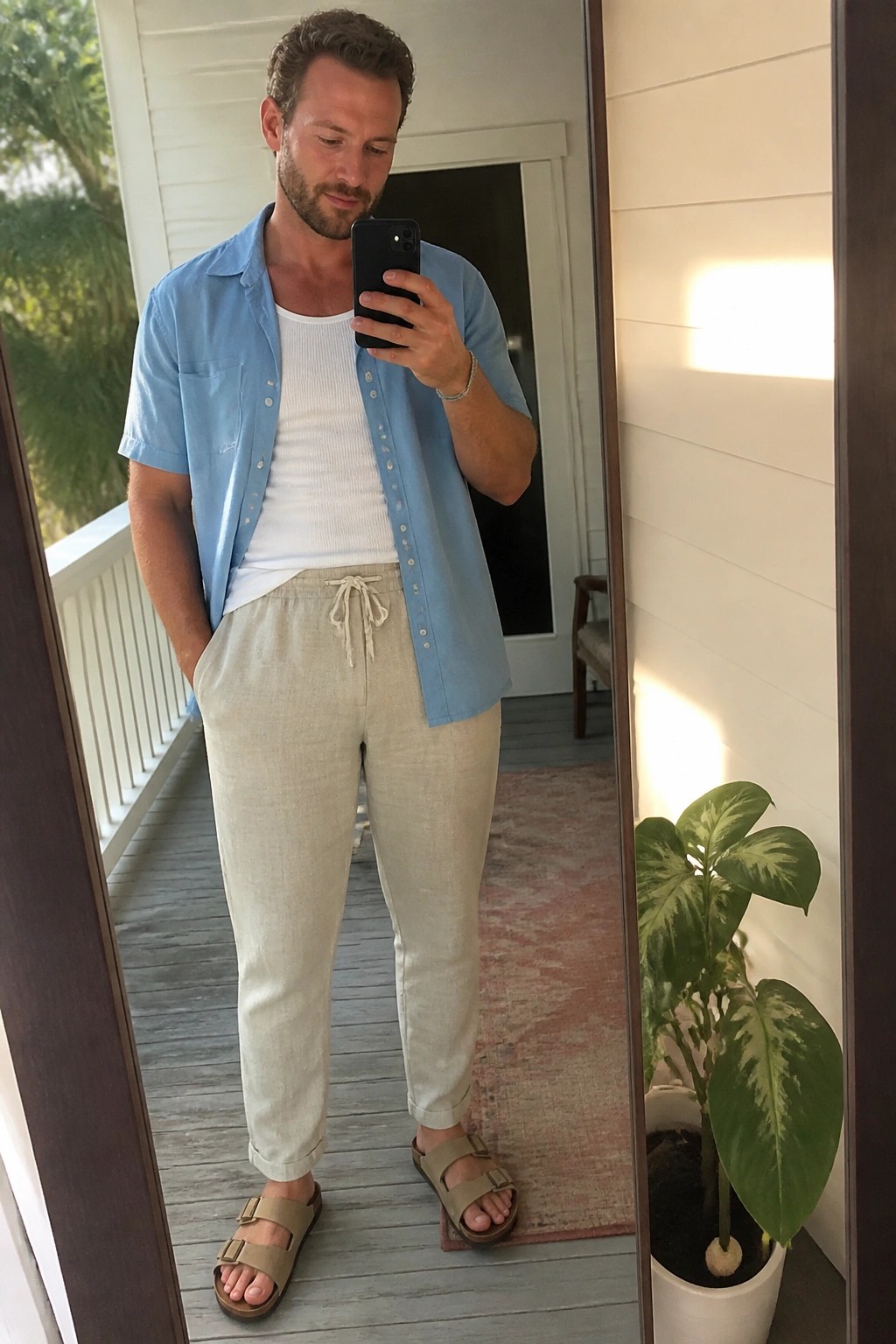 Man wearing light blue short sleeve button down shirt open over white tank top with beige linen drawstring pants and matching sandals in mirror selfie.
