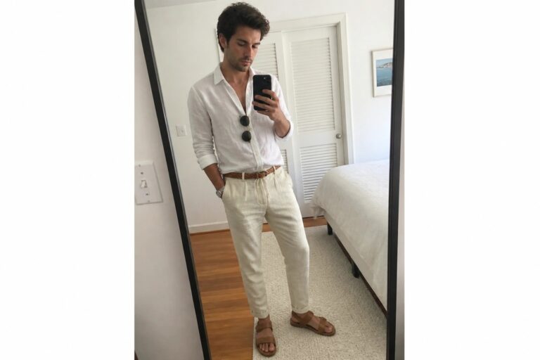 Man in white shirt and beige pants taking mirror selfie in bedroom
