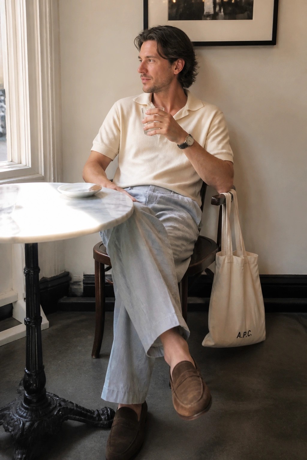 Man in cream polo and light pants holding drink beside A.P.C. tote bag