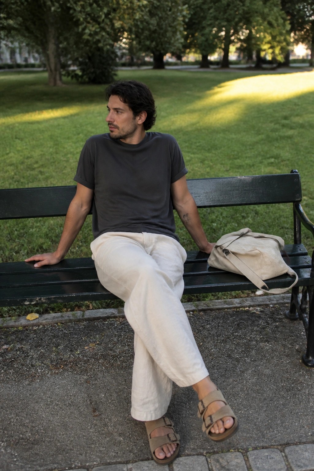 Man seated on a park bench wearing loose off-white linen pants, a dark gray short-sleeve t-shirt, and brown two-strap sandals with a beige canvas bag resting beside him.