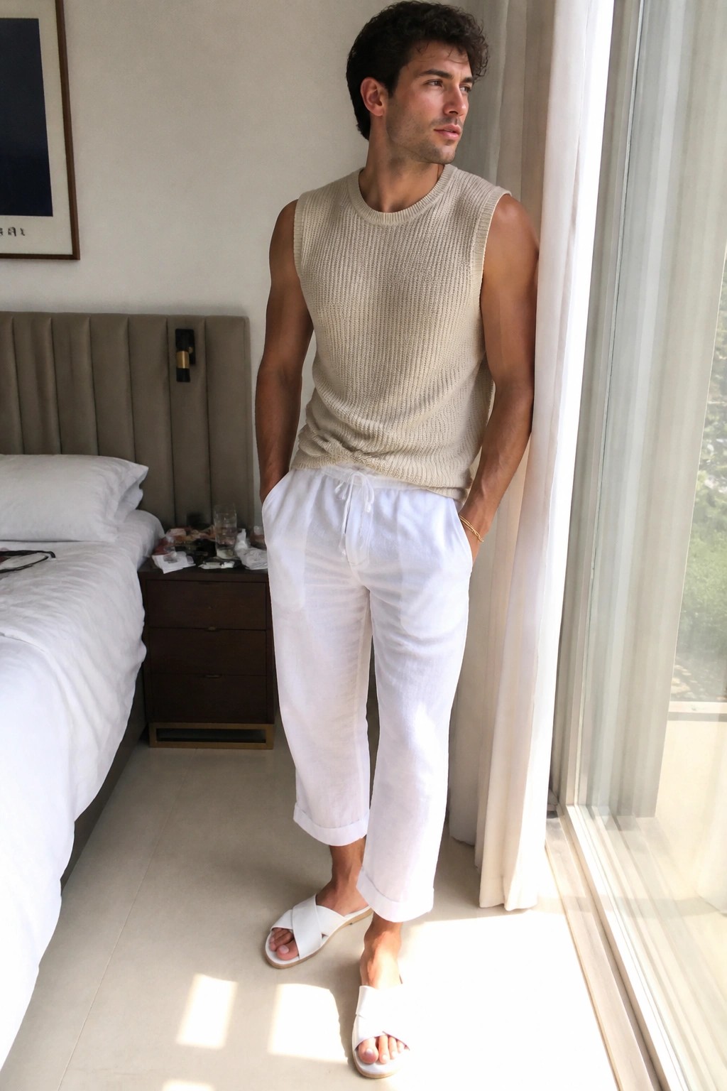Man standing indoors wearing white linen cropped pants with drawstring waist and rolled cuffs, paired with a beige sleeveless knit sweater vest and white slide sandals.