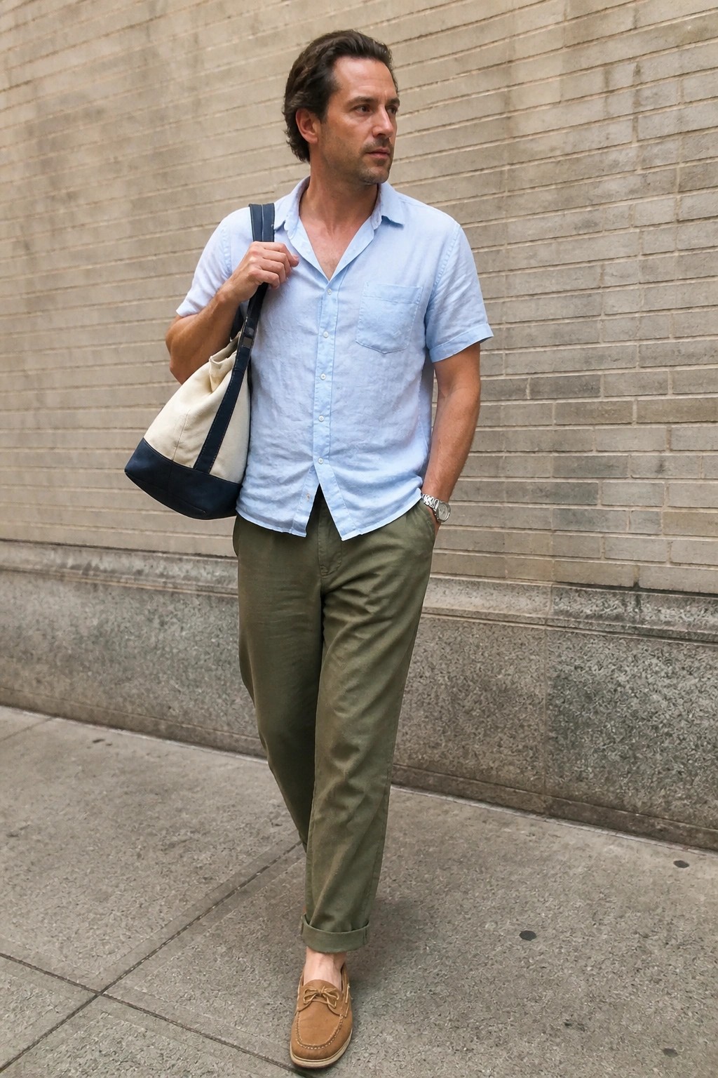 Man in light blue shirt and olive pants carrying canvas tote bag outdoors