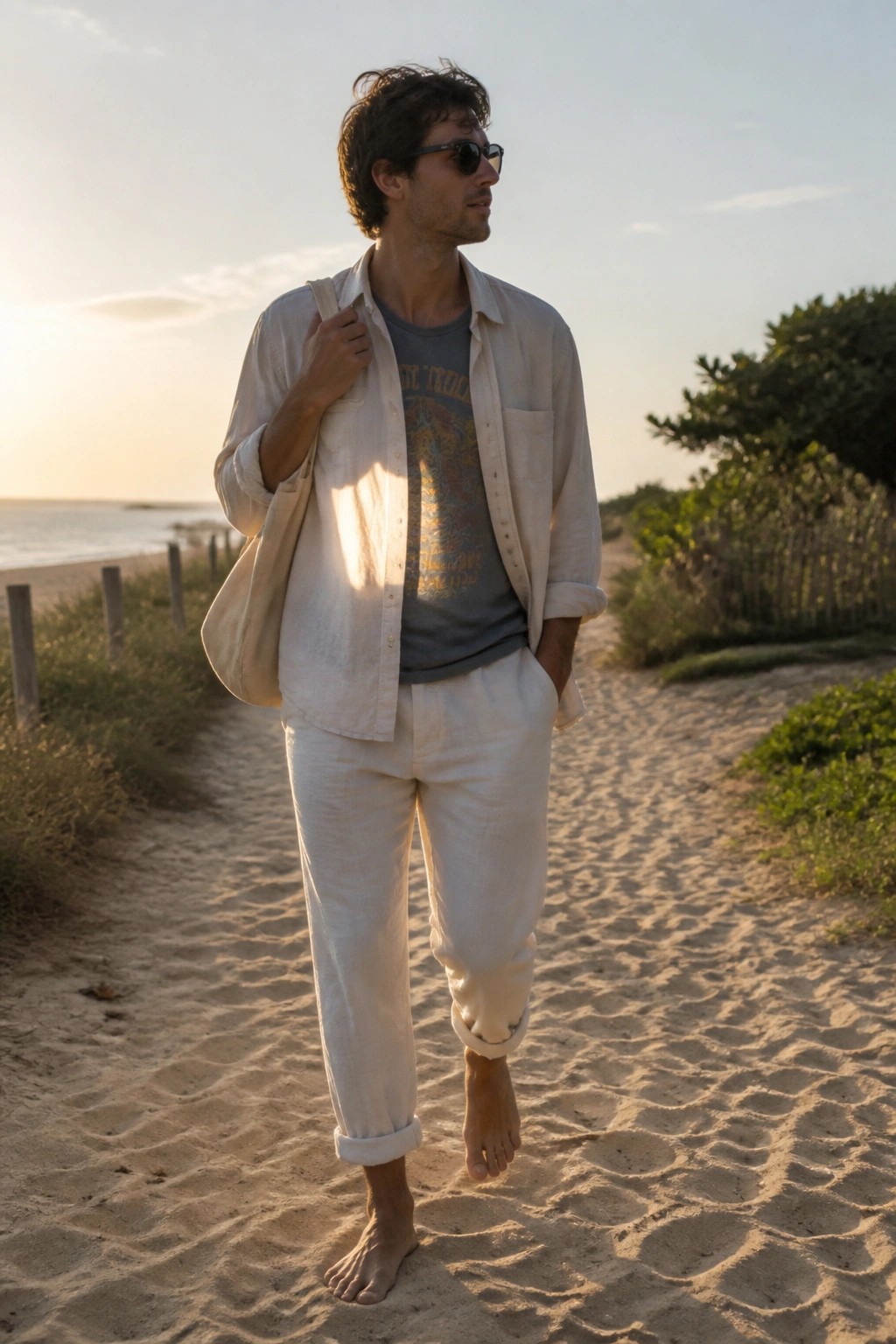 Man in white linen outfit walks barefoot on beach path carrying tote bag at sunset
