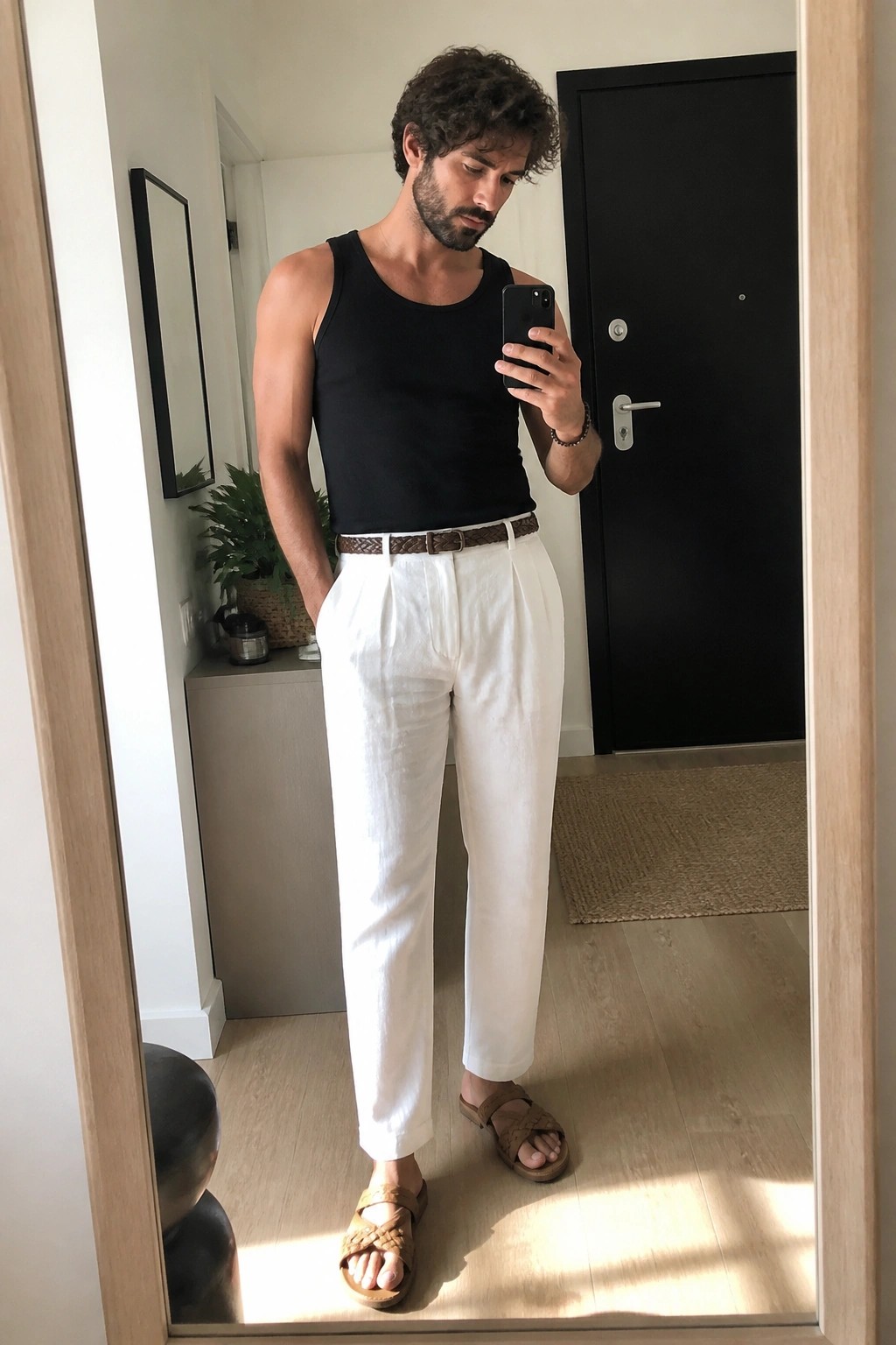 Man wearing white linen pants, black tank top, brown woven belt, and brown woven sandals while taking a mirror selfie indoors.