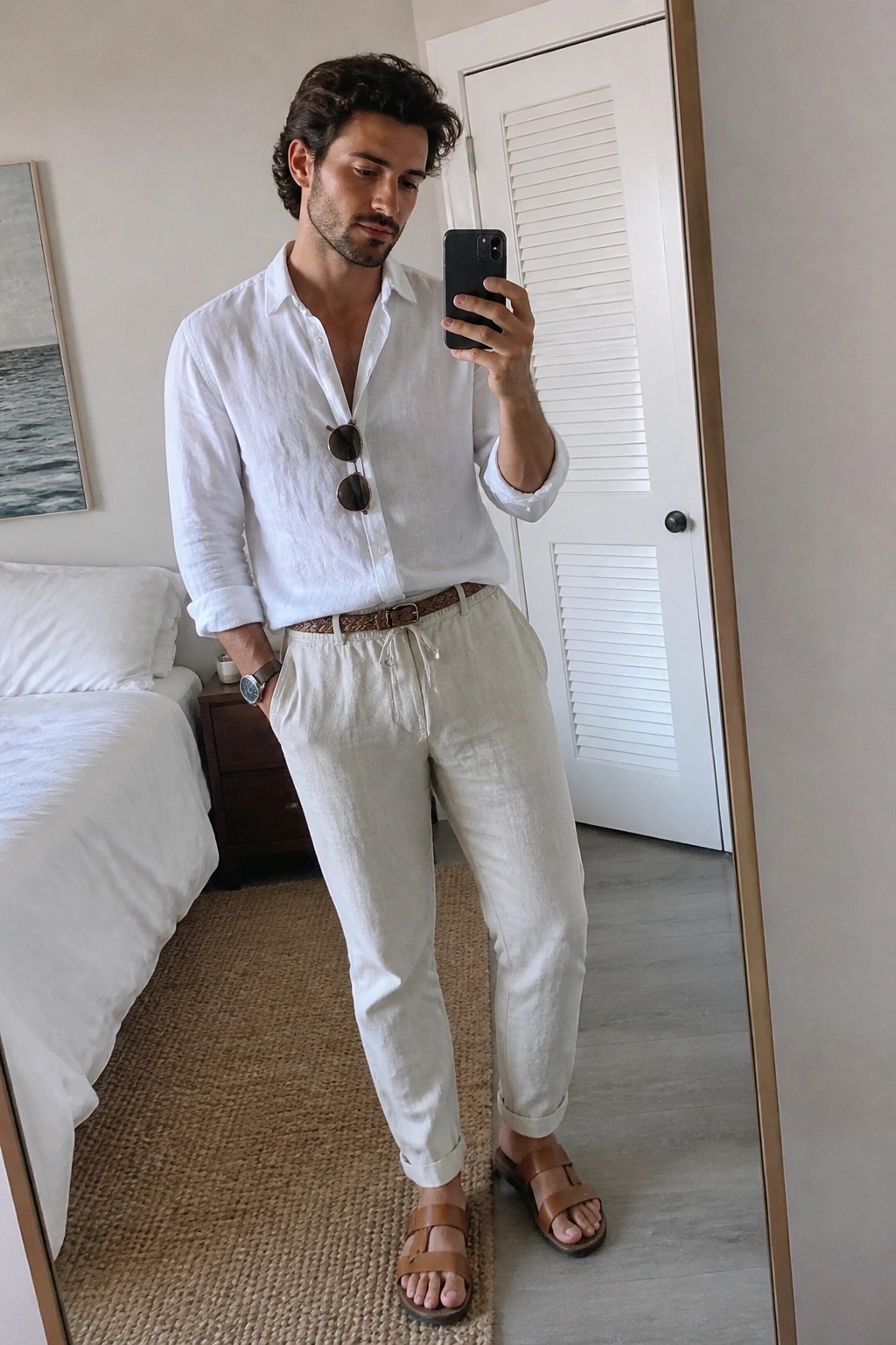 Man in white shirt and beige pants taking mirror selfie in bedroom