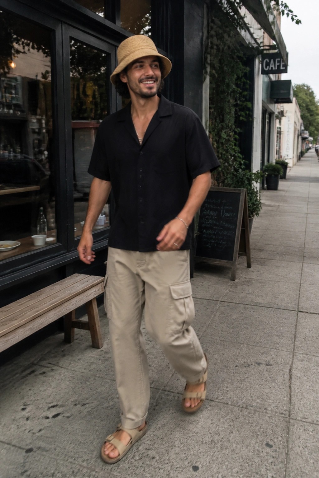 Man in straw hat, black shirt, and beige cargo pants outside cafe