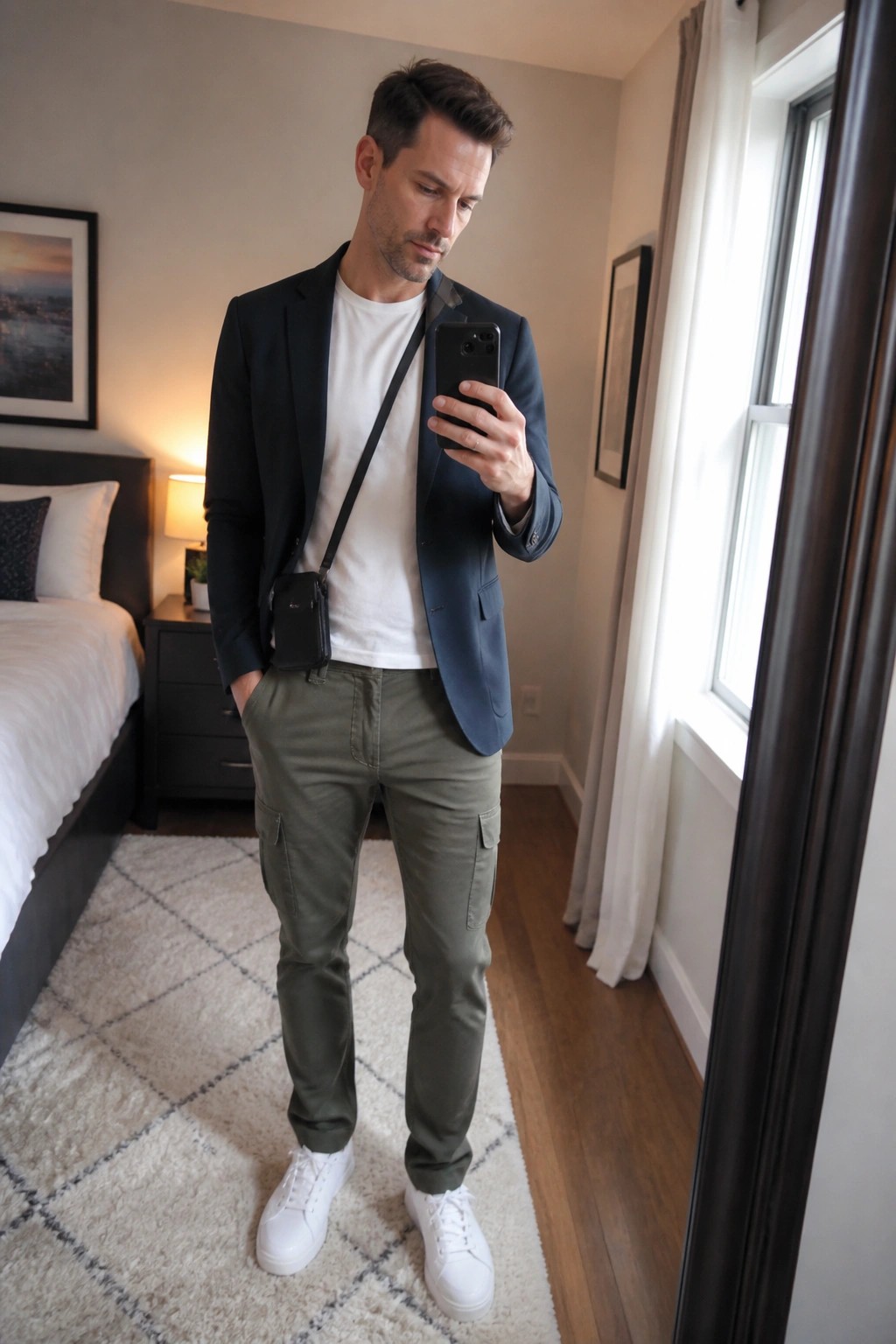 Man wearing navy blazer over white t-shirt with olive cargo pants, white sneakers, and black crossbody bag in bedroom setting.