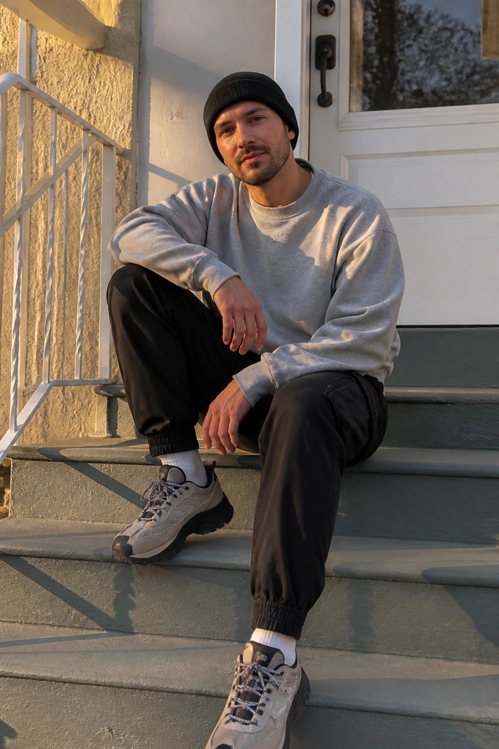 Man in gray sweatshirt and black beanie sitting on sunlit concrete steps