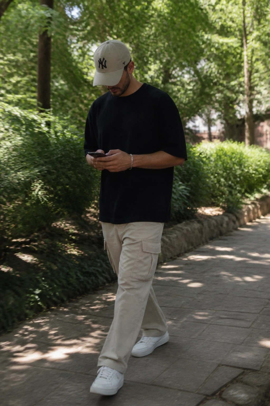 Man in NY cap, black tee, and beige cargos checks phone on park path