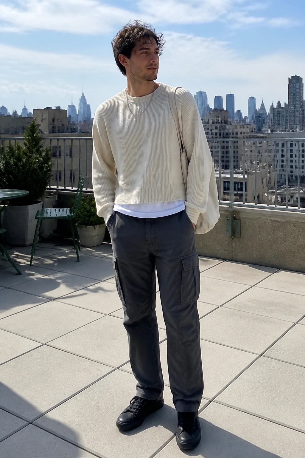 Man in cream ribbed sweater and gray cargo pants on sunny city rooftop
