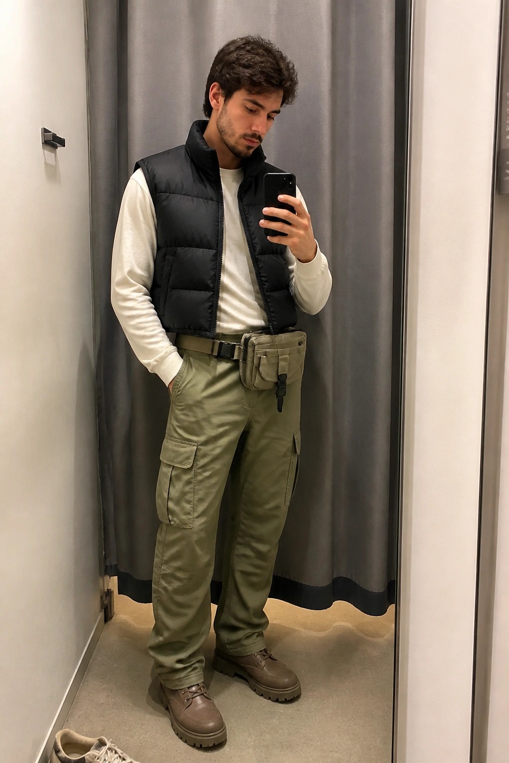 Man in black puffer vest and olive cargo pants taking mirror selfie.
