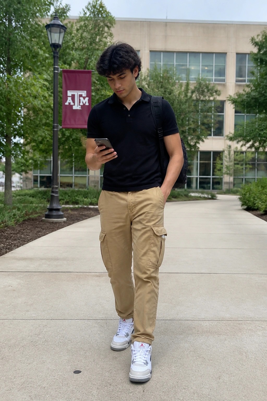 Man wearing black short sleeve polo shirt tucked into khaki cargo pants with white and gray sneakers and a black backpack while checking his phone outdoors.