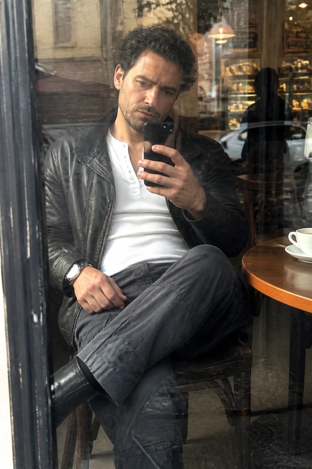 Man in black leather jacket and white shirt sits in cafe holding smartphone