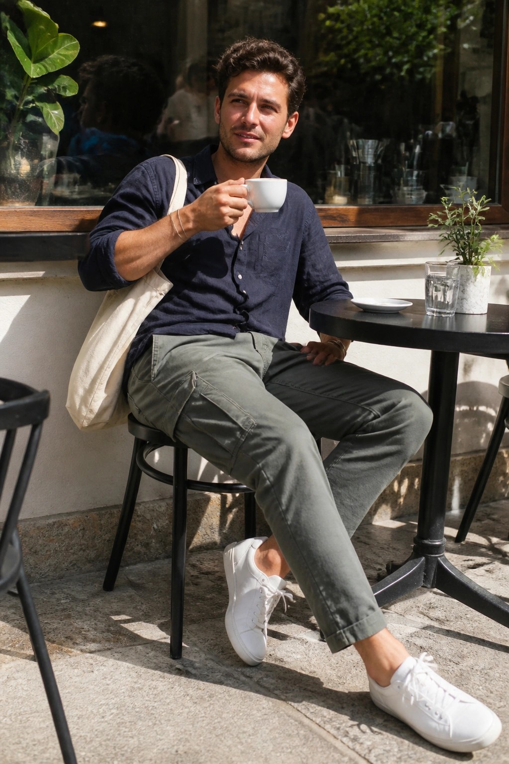 Man in navy shirt and green cargo pants holding coffee at outdoor cafe.