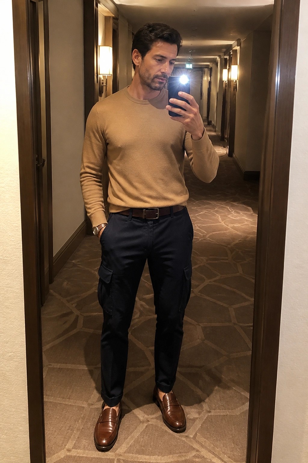 Man in tan sweater and navy cargo pants taking mirror selfie in hallway.